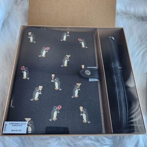 Coach Boxed Notebook And Pencil Case Witg Penguin Print Black Wallet Set